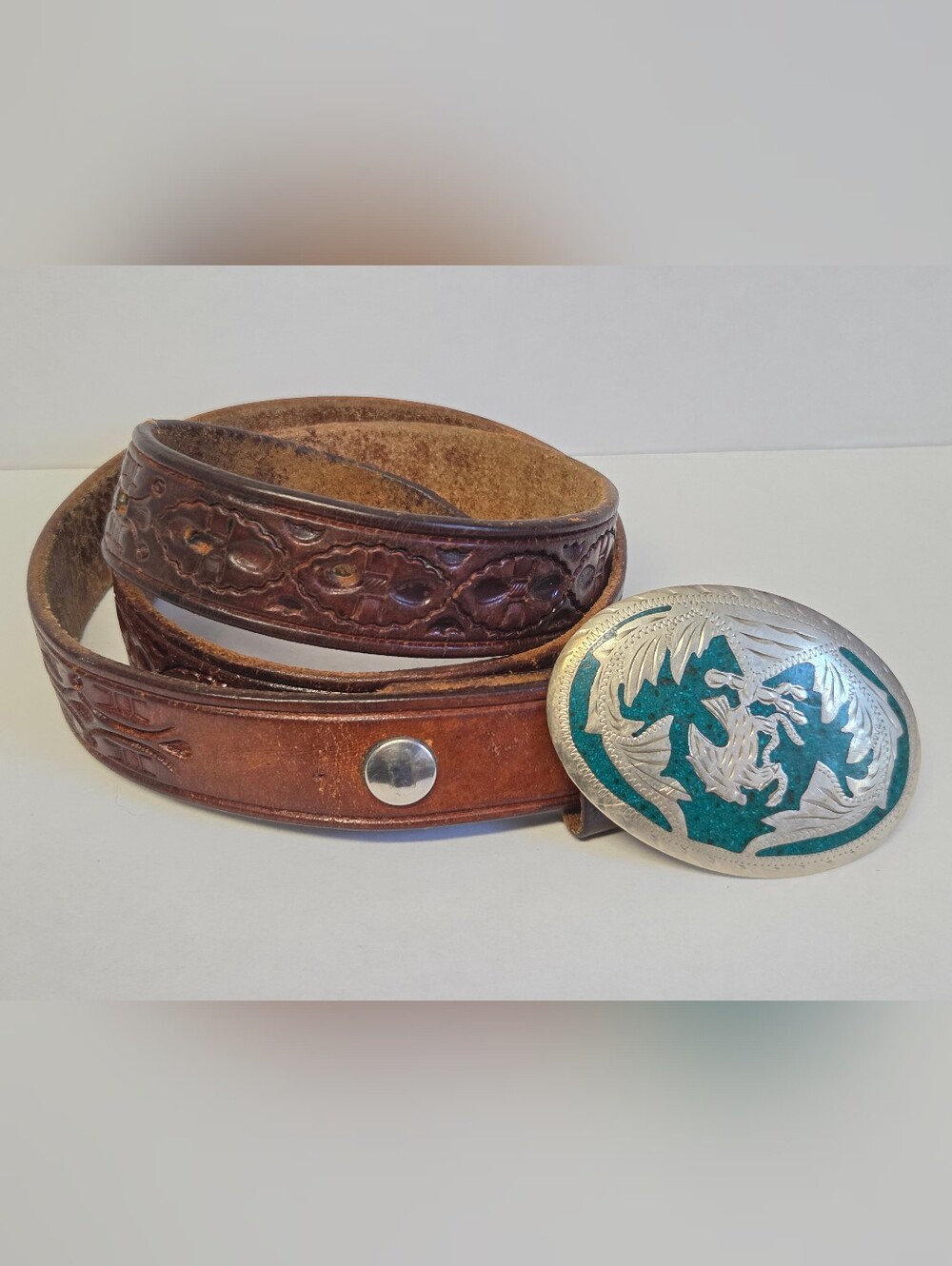 Mexican Hand-Tooled Belt with Alpaca Silver/Turquoise Eagle Trophy Buckle. Sz 38